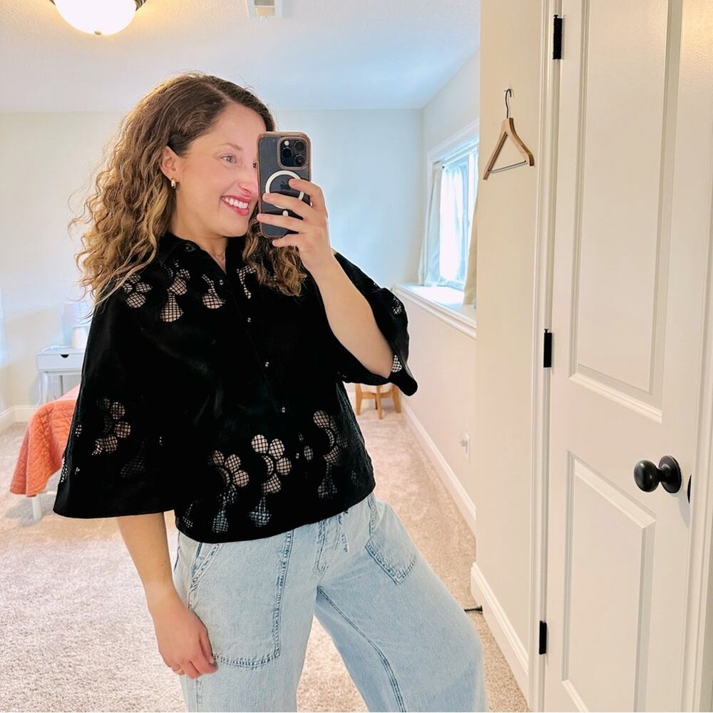 NWT Tuckernuck Ranna Gill Black Oversized Floral Faux Leather Top XS